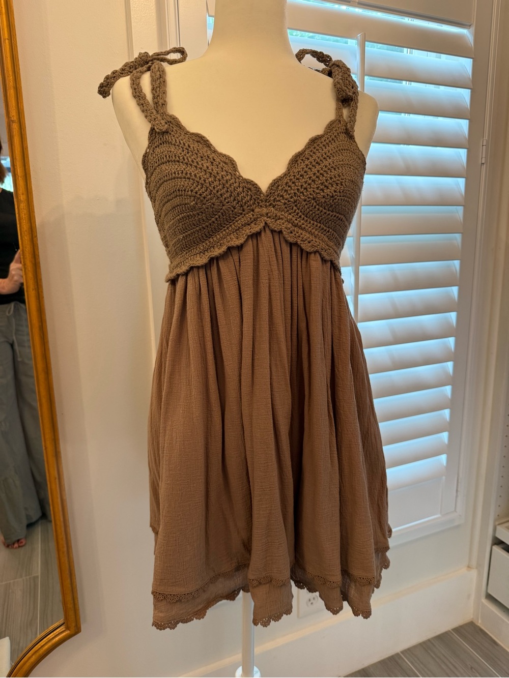Sky to Moon Crochet Babydoll Dress, Medium, Mocha Brown Boho!